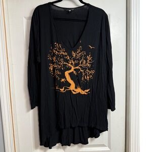 Lotus Traders Black Long Sleeve V Neck Tree Bird Print Plus Size 3X Top